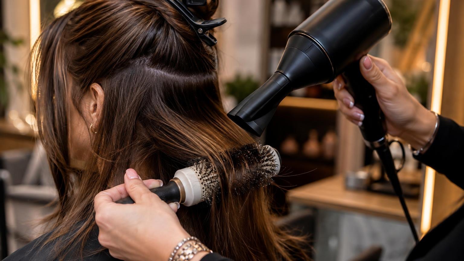 The workstation mid-service, tools in use and hair in motion, as it happens at the chair