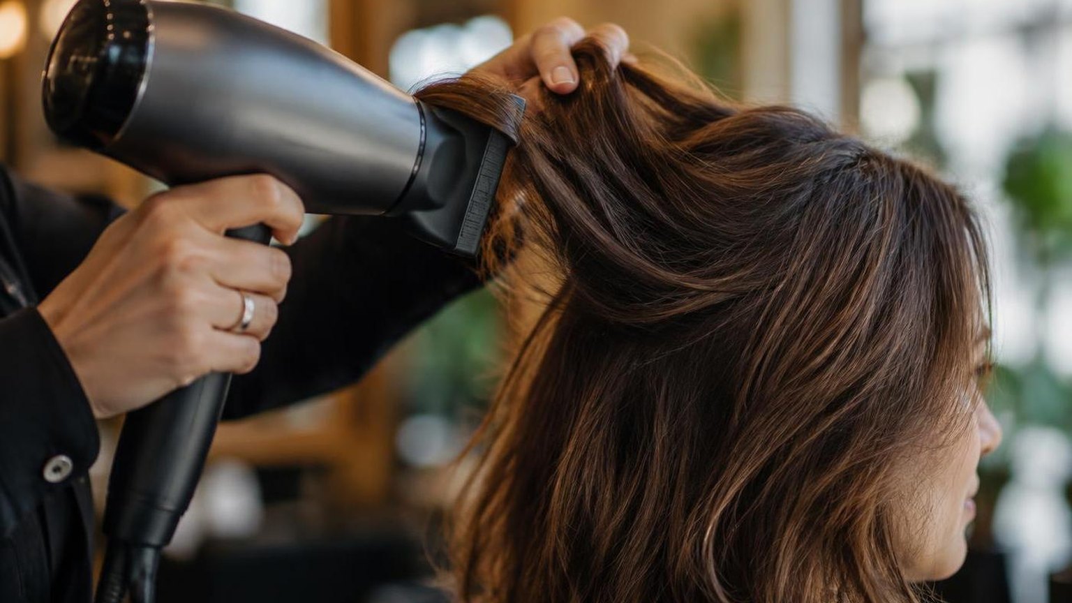 A mirror reflection of the finished style, natural light, during a real blow dry
