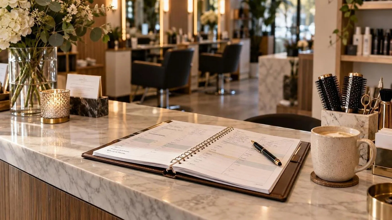 A salon reception desk with the day's appointment book open, in a working salon