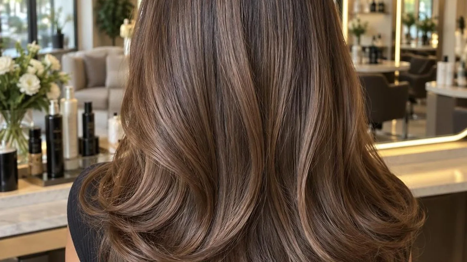 The finished blow dry from behind, movement in the lengths, in everyday salon practice