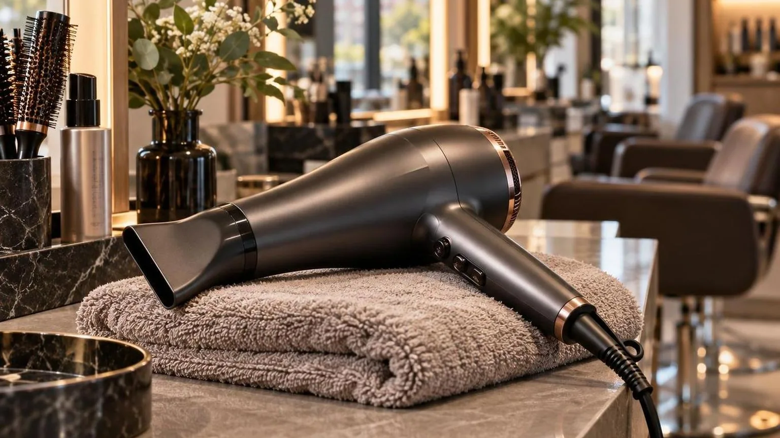 A dryer resting on a folded towel between clients, in everyday salon practice