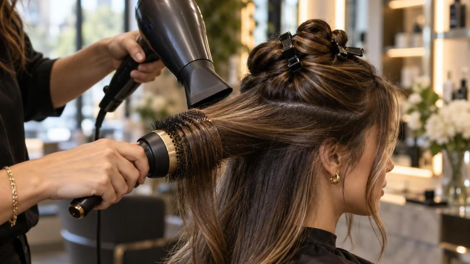 A stylist working through a sectioned blow dry, close-up, in a working salon