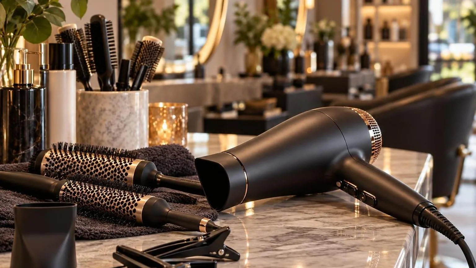 Brushes, clips and a professional dryer laid out on a clean counter, shown close up