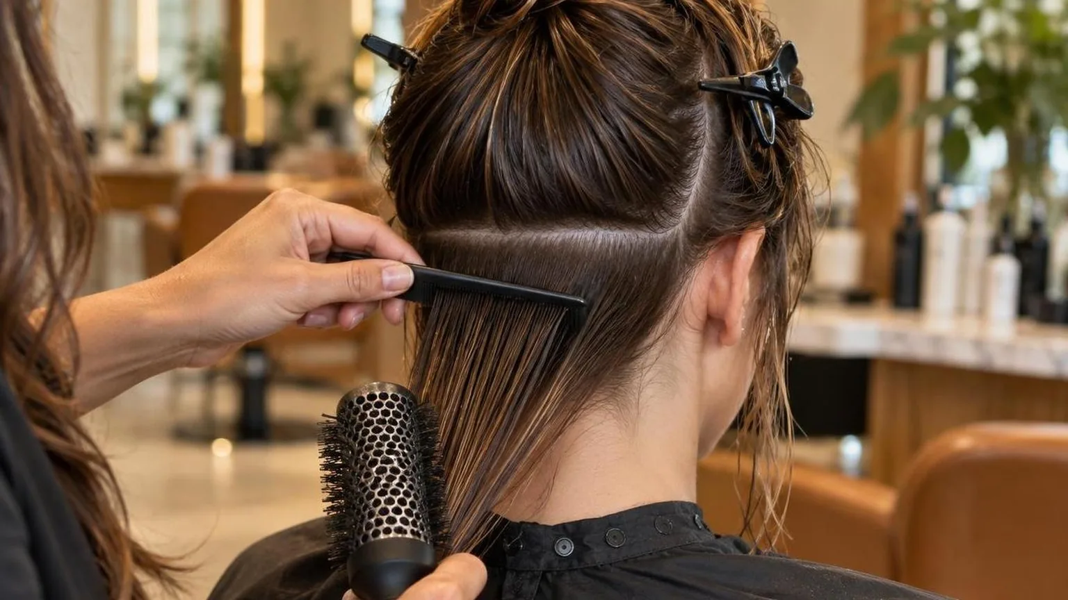 Step-by-step sectioning at the nape, close-up, in a working salon