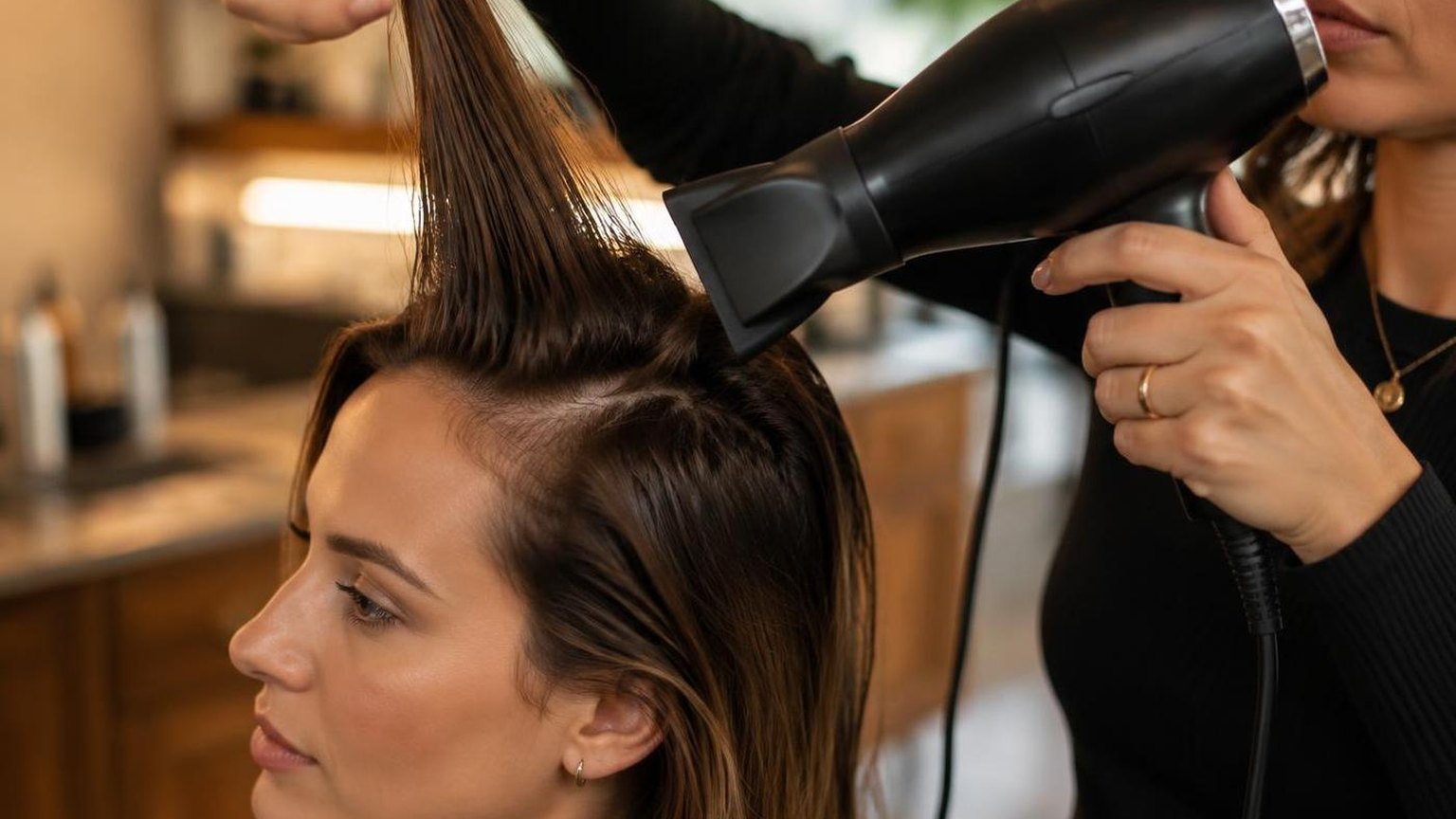 Clips holding sections apart on damp hair, overhead view, in everyday salon practice