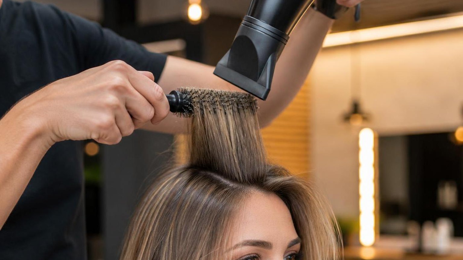 A client at the basin before the blow dry begins, warm light, in natural daylight