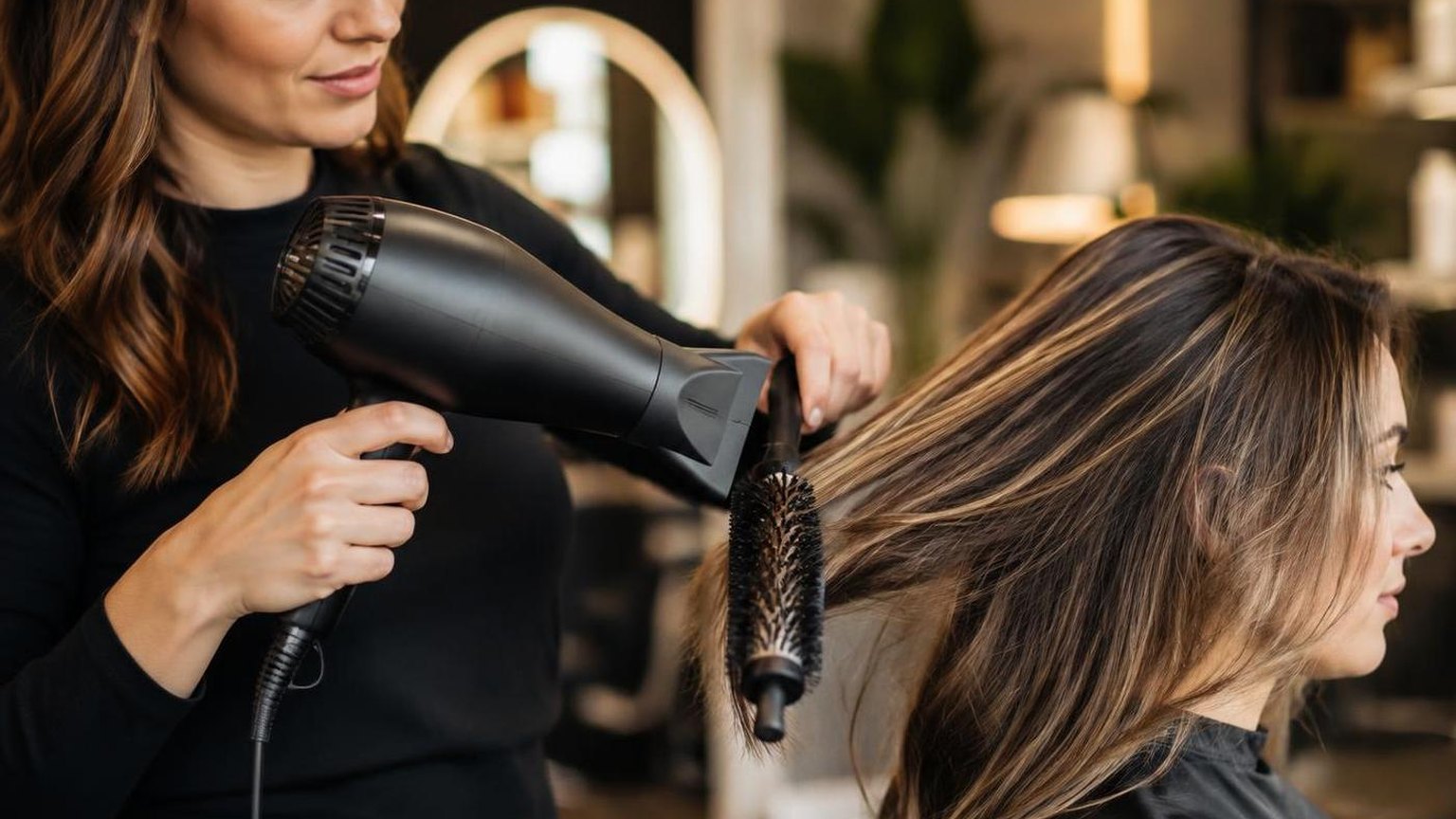 A client at the basin before the blow dry begins, warm light, in a working salon