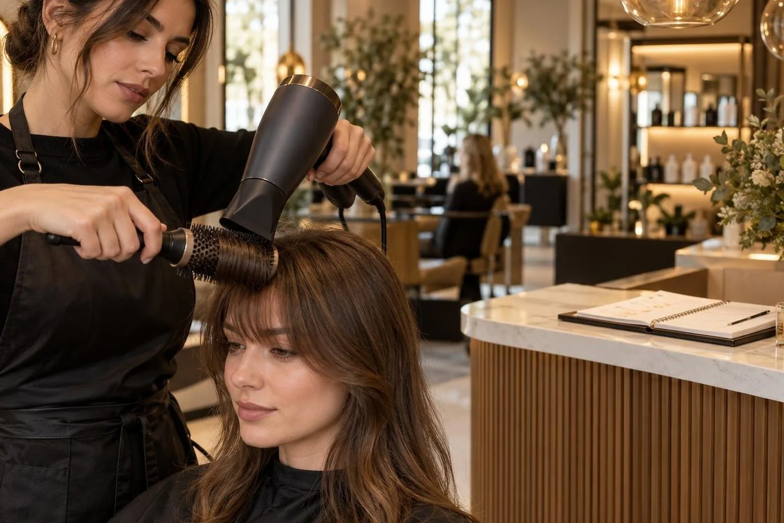 A salon reception desk with the day's appointment book open, during a real blow dry