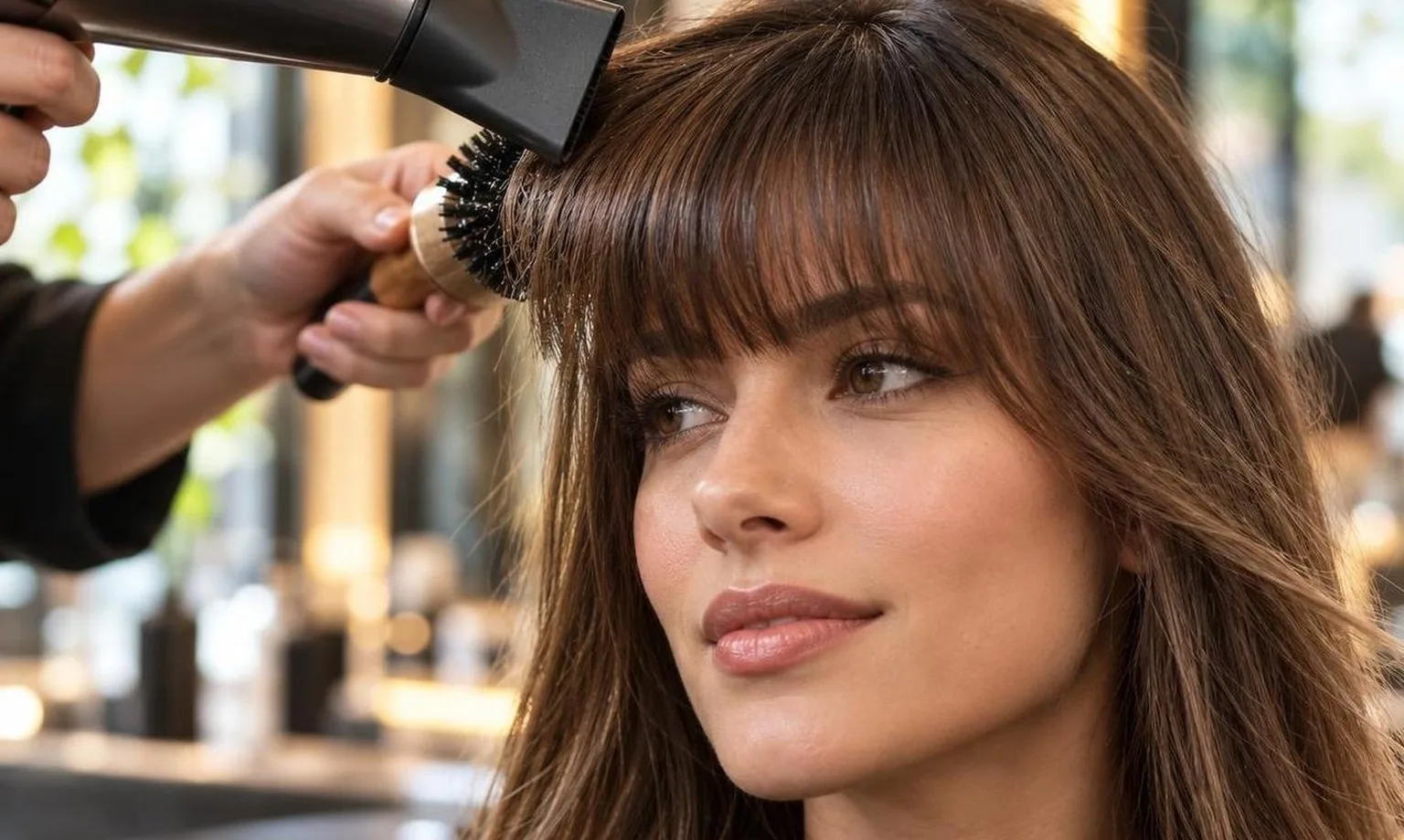 Close-up of hair texture and shine under soft daylight, in a working salon