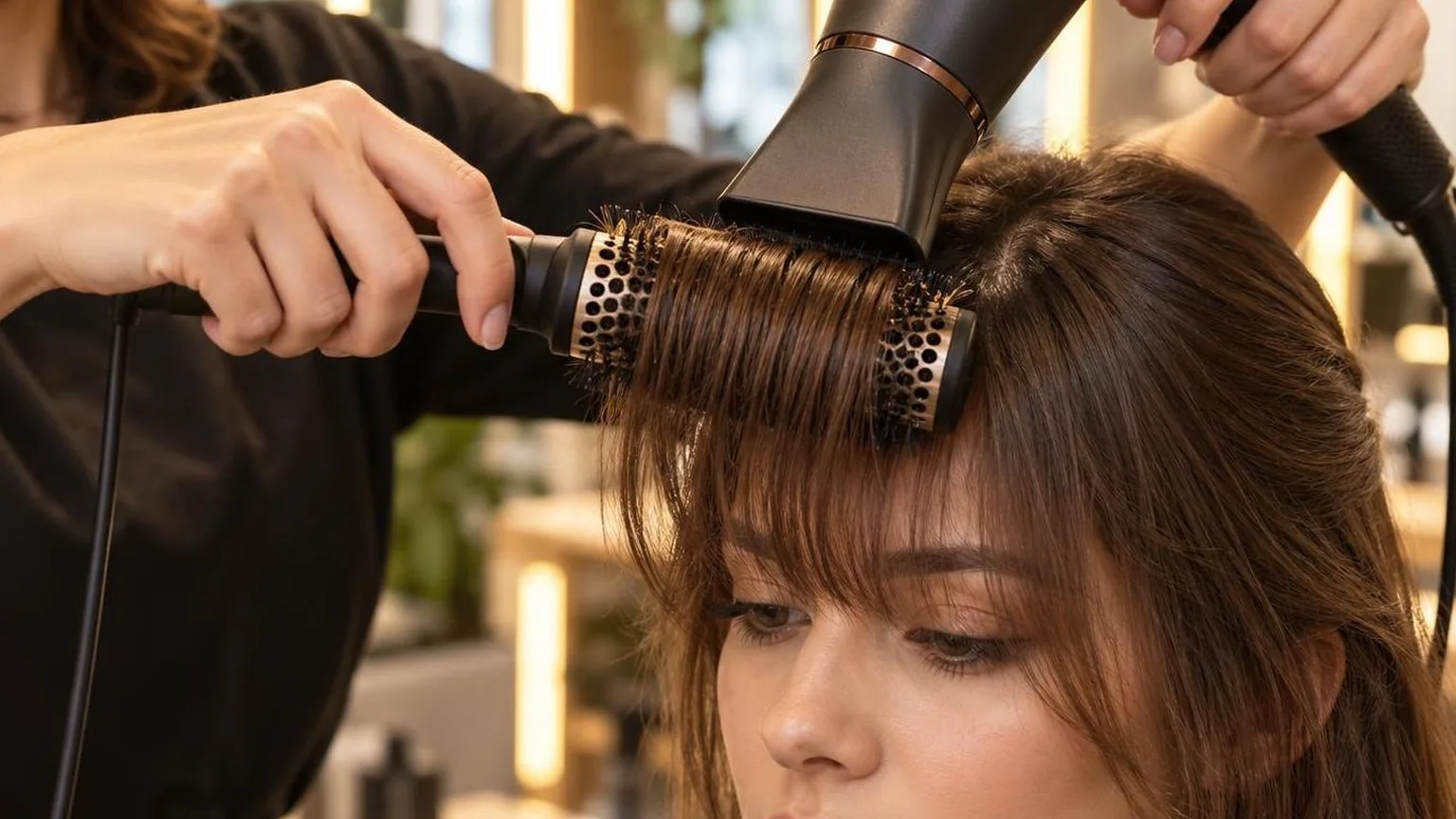 Hands checking tension on a round brush mid-section, close-up, during a real blow dry