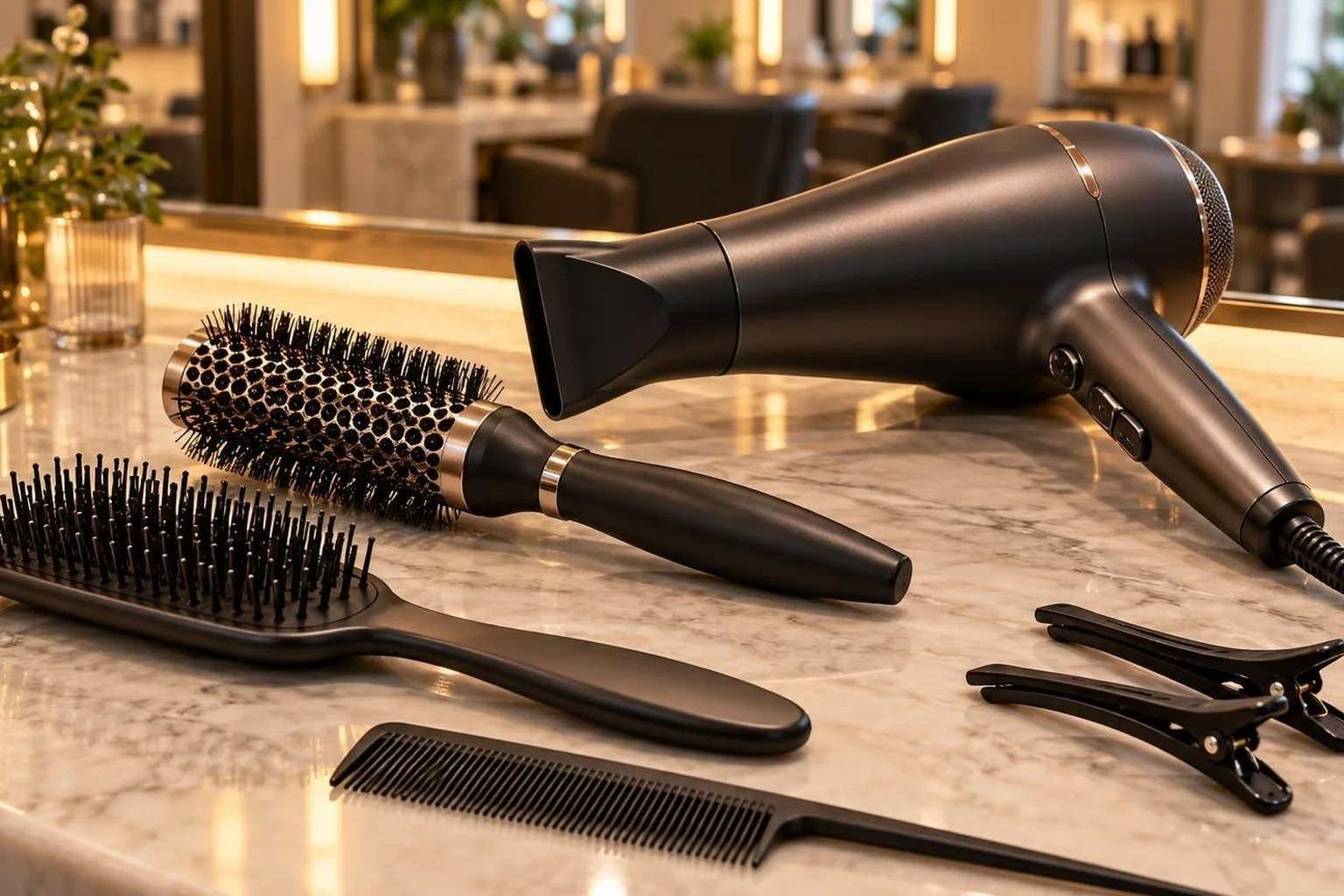 Brushes, clips and a professional dryer laid out on a clean counter, in everyday salon practice