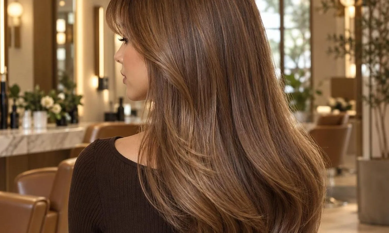 The finished blow dry from behind, movement in the lengths, in everyday salon practice
