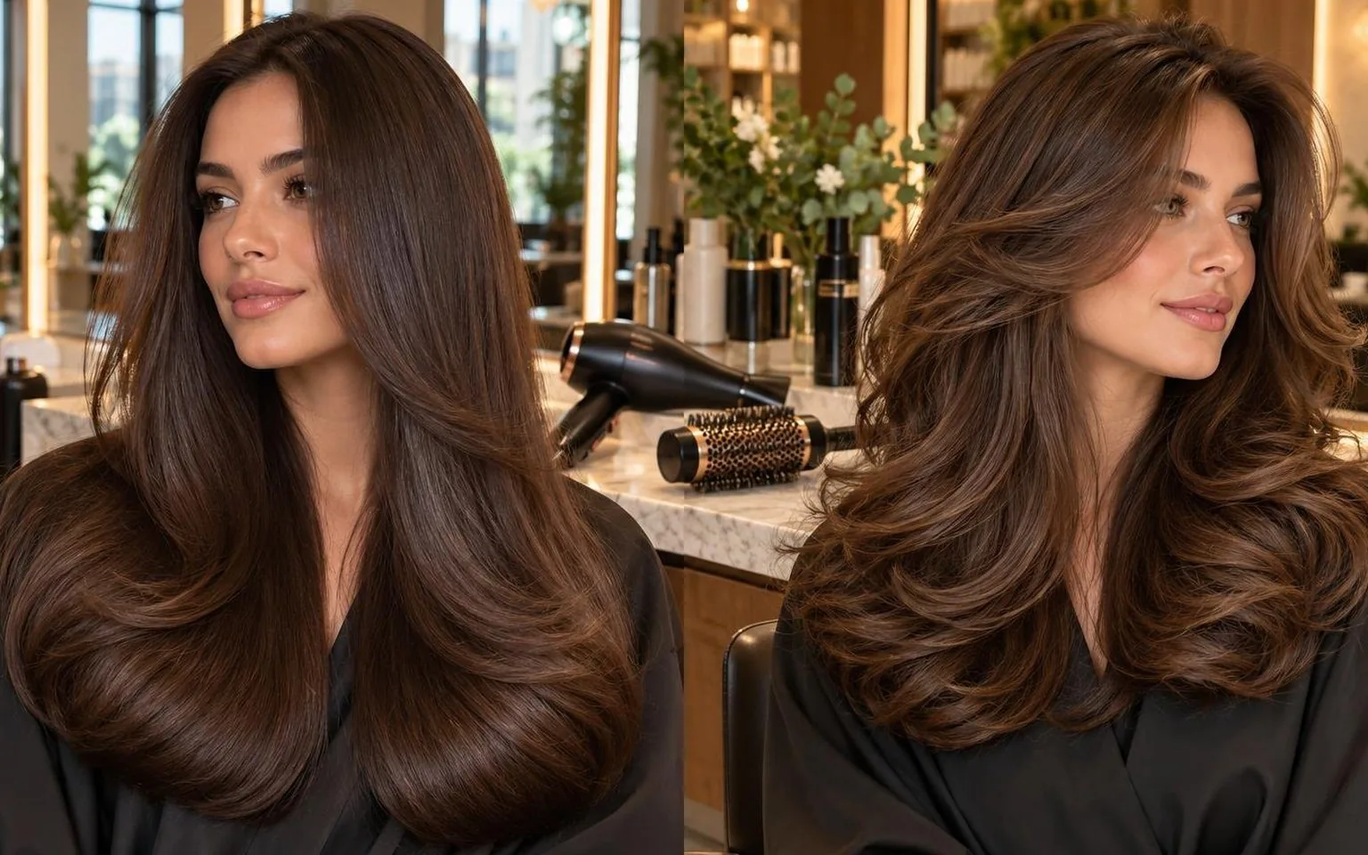 Side-by-side of two finishes on the same hair type, during a real blow dry