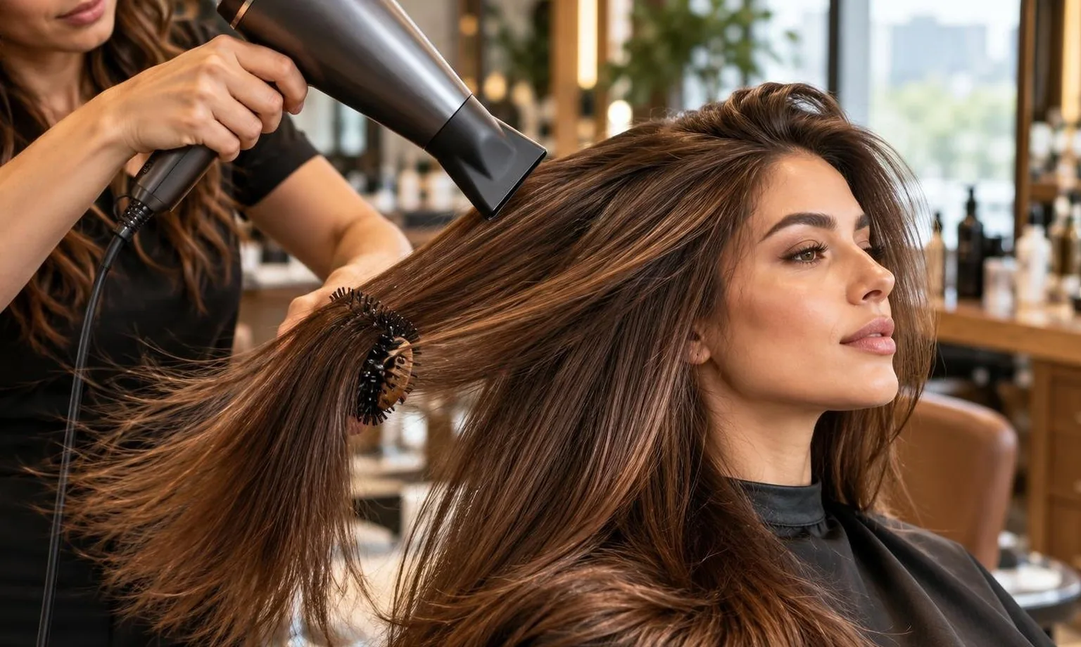 A nozzle held at the correct angle to the hair shaft, macro, in a working salon