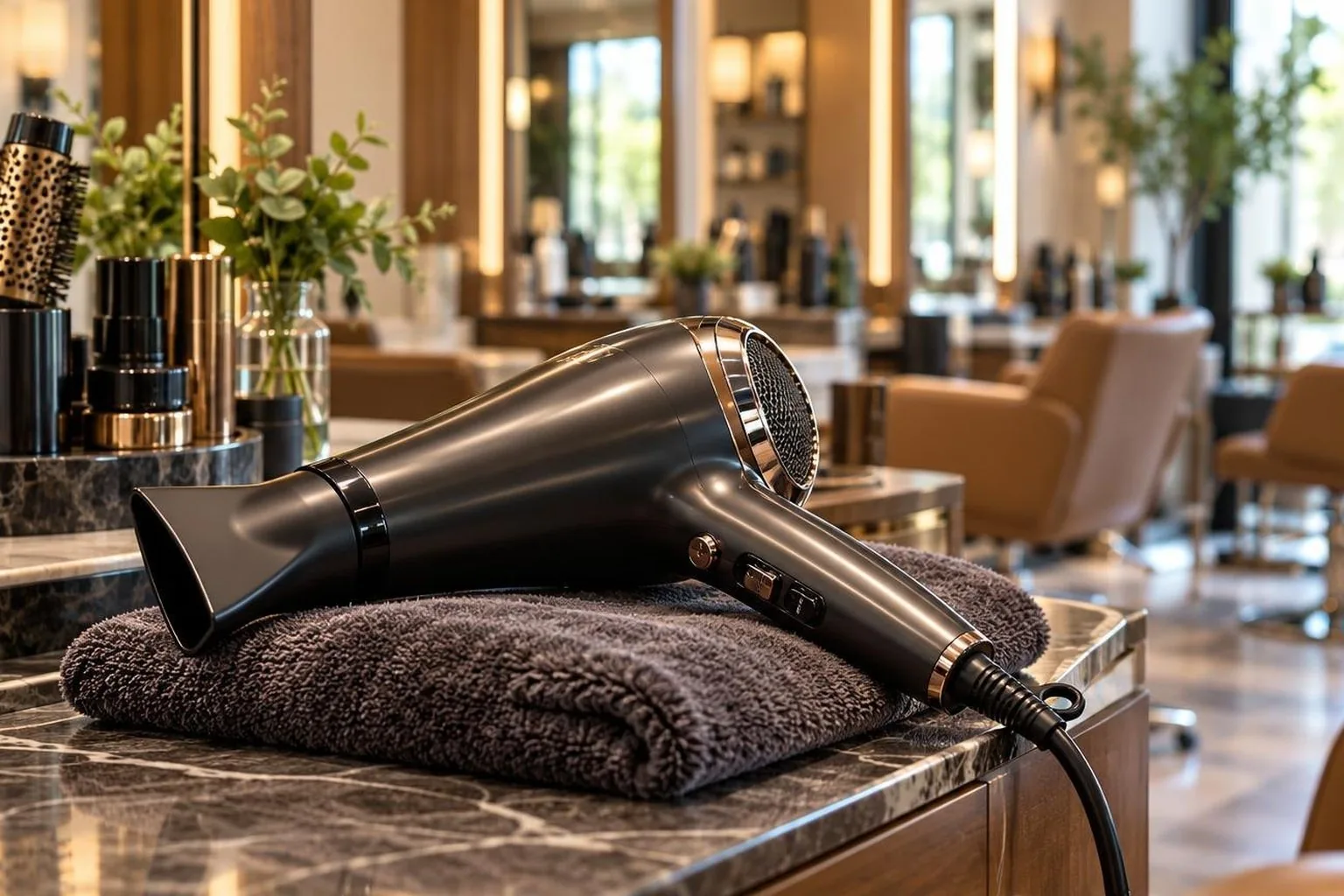 A dryer resting on a folded towel between clients, during a real blow dry