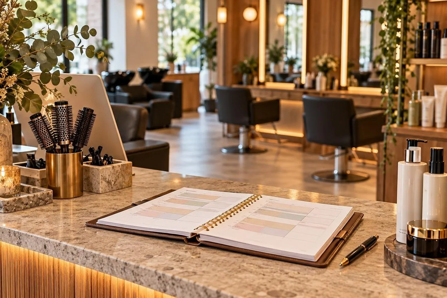 A salon reception desk with the day's appointment book open, during a real blow dry