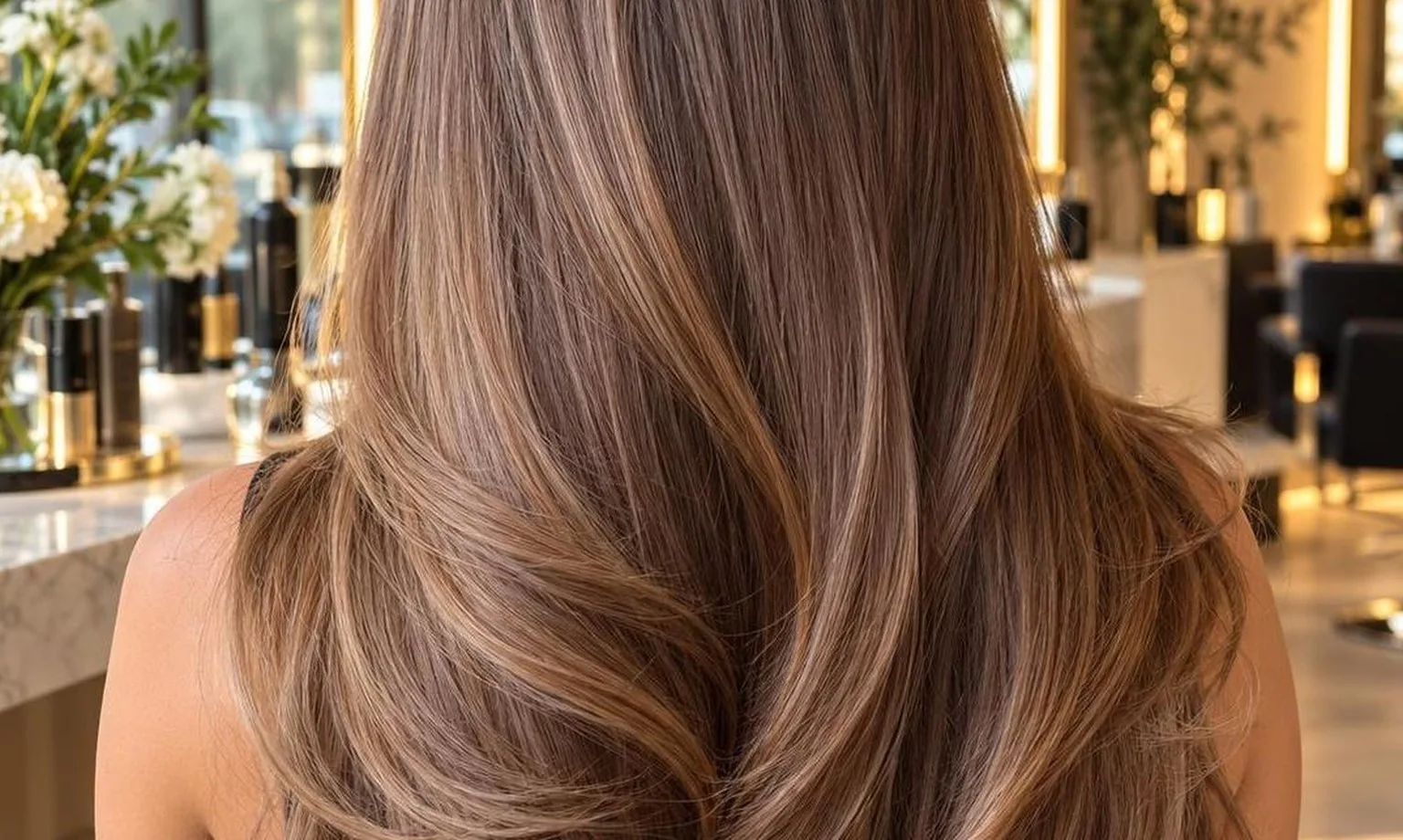 The finished blow dry from behind, movement in the lengths, during a real blow dry