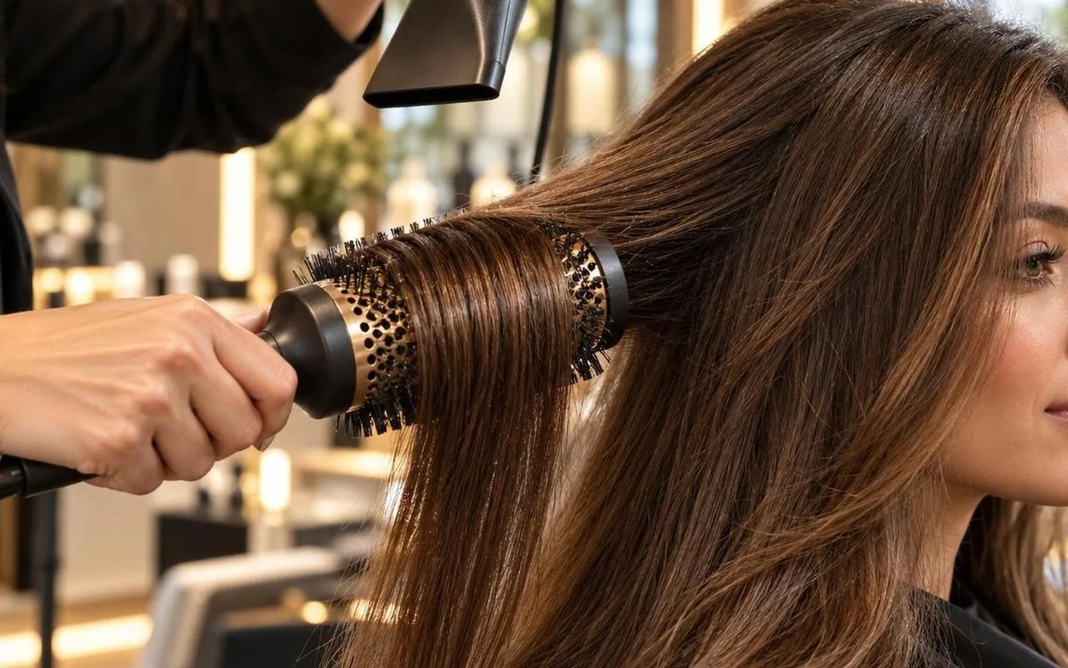 Hands checking tension on a round brush mid-section, close-up, during a real blow dry