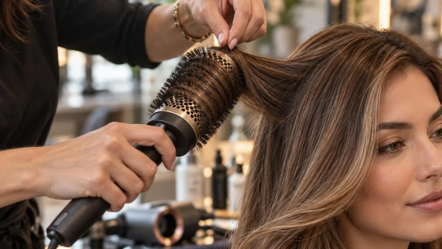 Hands checking tension on a round brush mid-section, close-up, in everyday salon practice