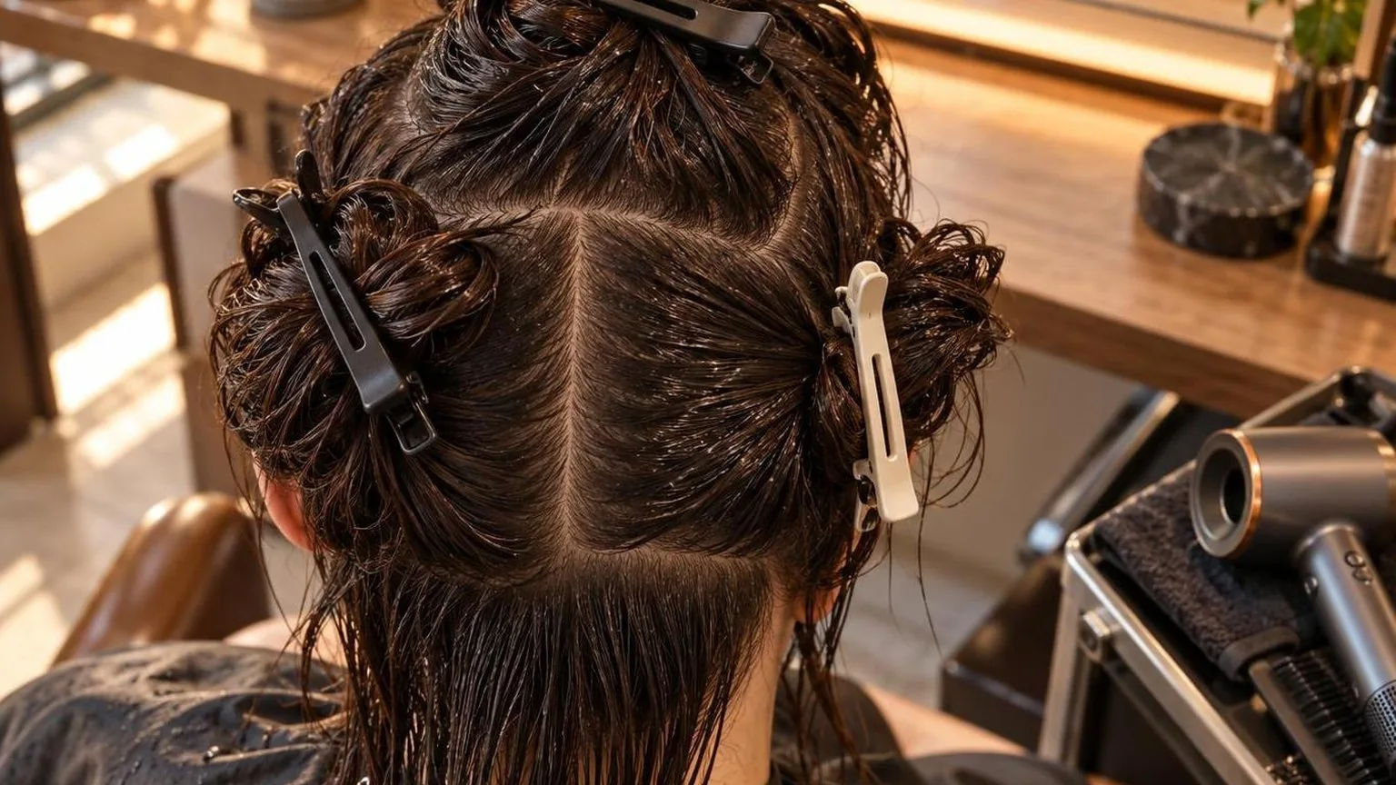 Clips holding sections apart on damp hair, overhead view, in natural daylight