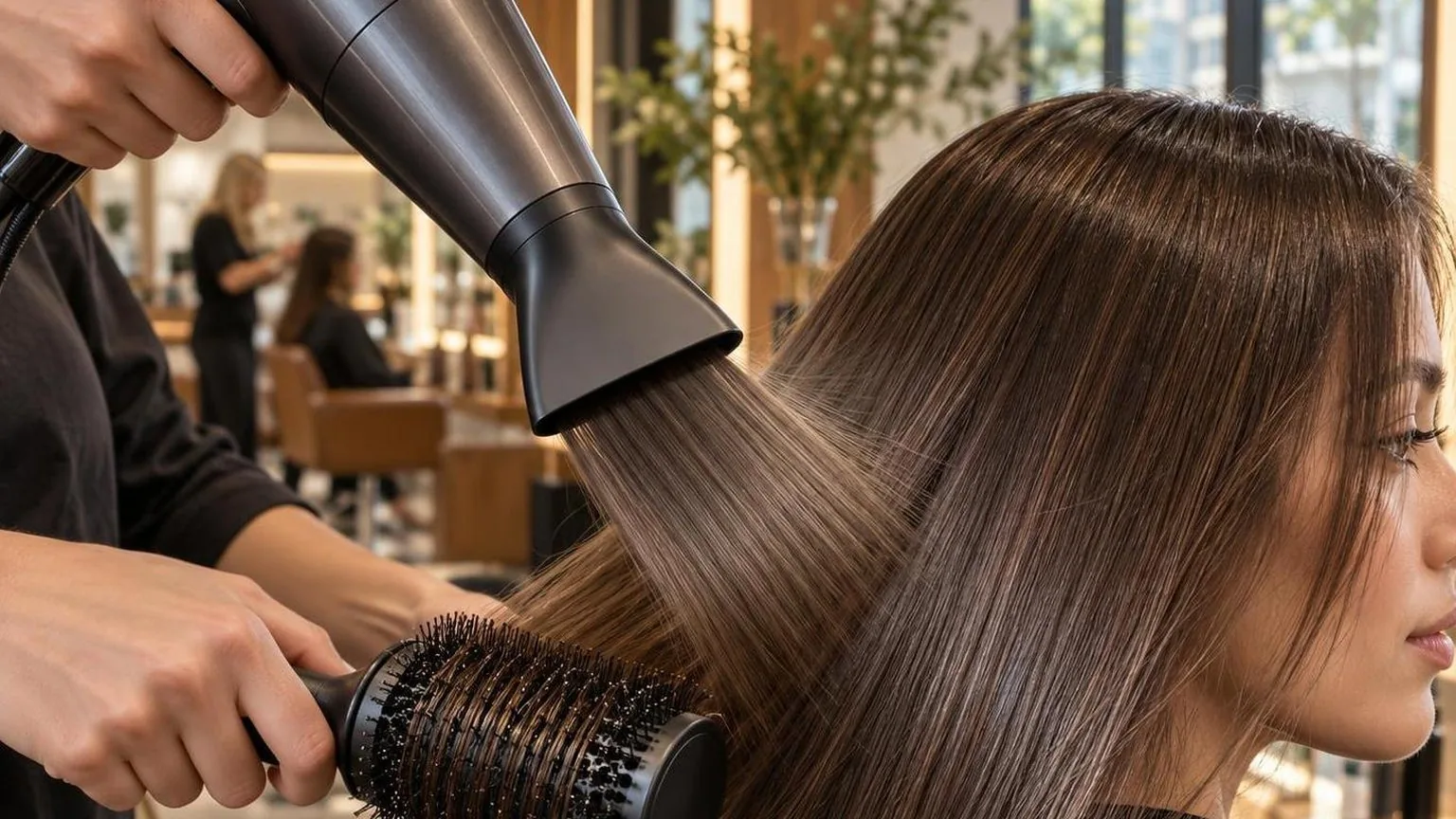 A nozzle held at the correct angle to the hair shaft, macro, as it happens at the chair