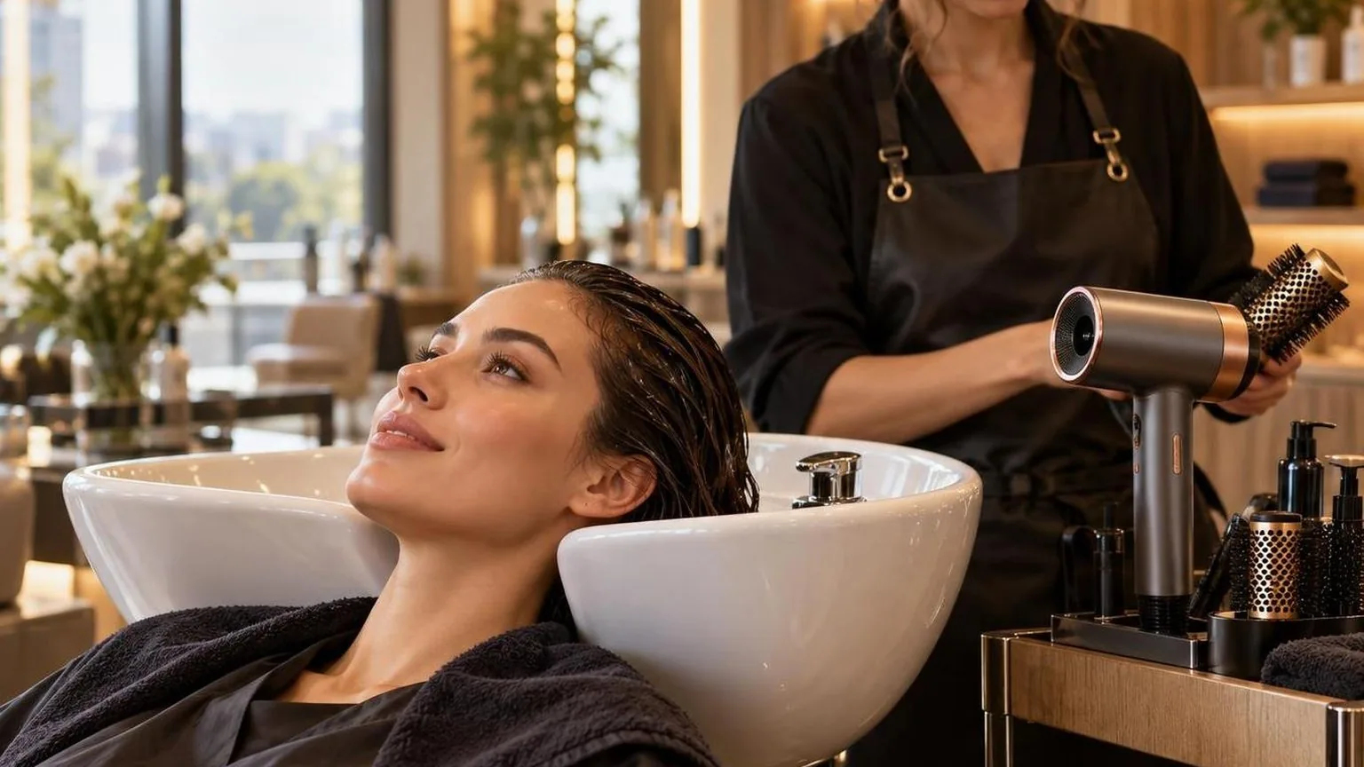 A client at the basin before the blow dry begins, warm light, in a working salon