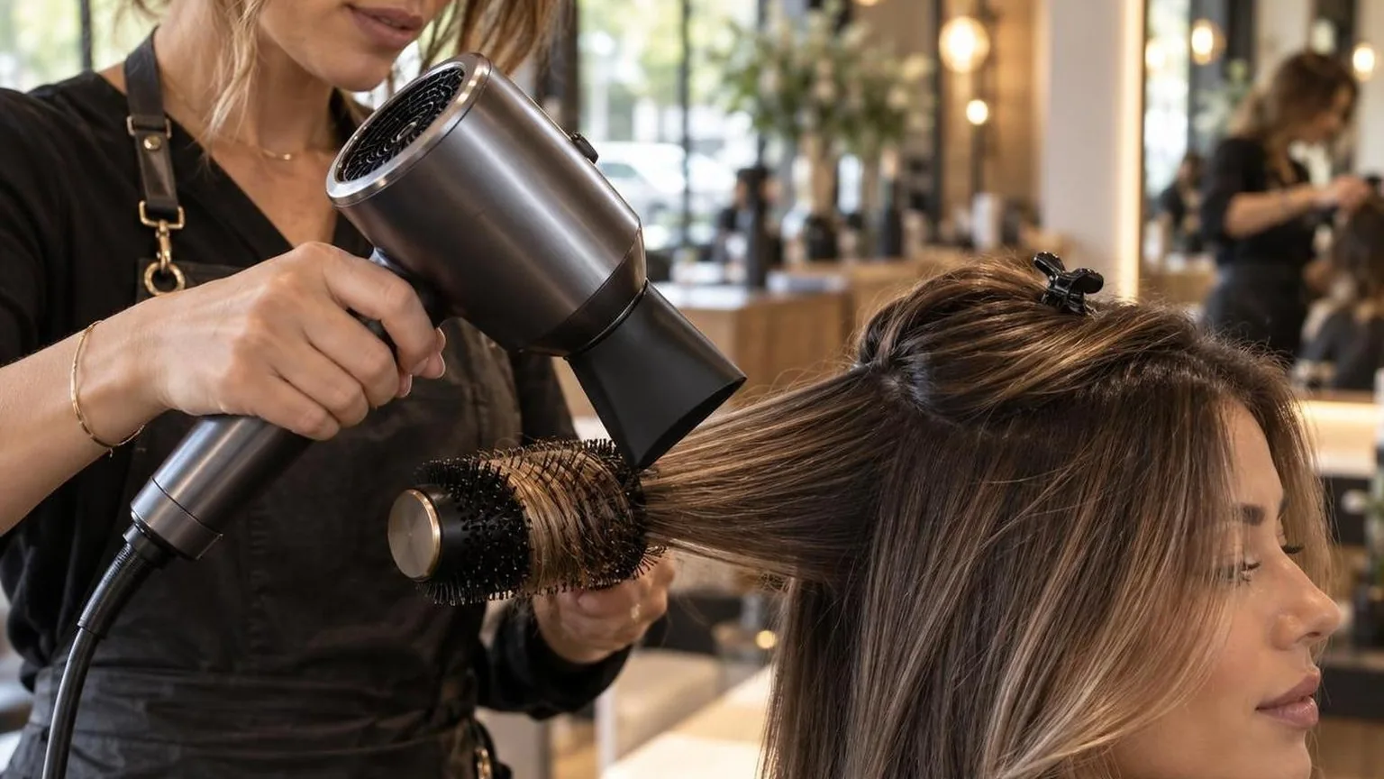 A stylist working through a sectioned blow dry, close-up, shown close up