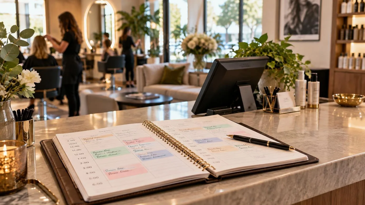 A salon reception desk with the day's appointment book open, in natural daylight