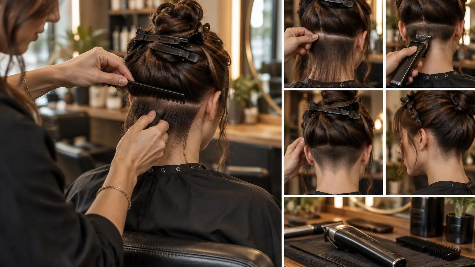 Step-by-step sectioning at the nape, close-up, in everyday salon practice