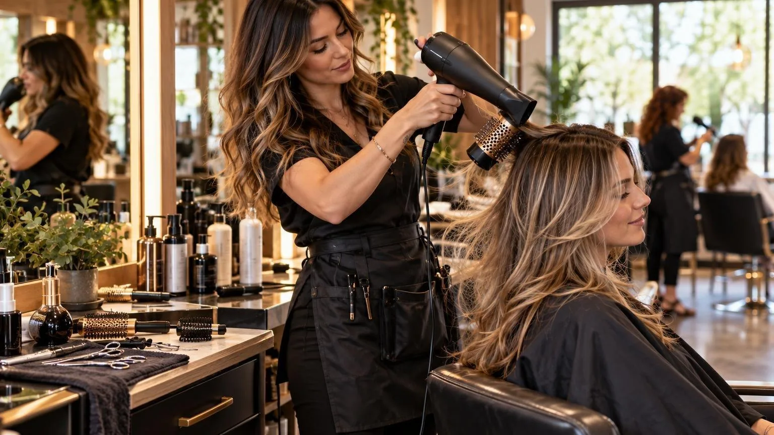 The workstation mid-service, tools in use and hair in motion, in natural daylight
