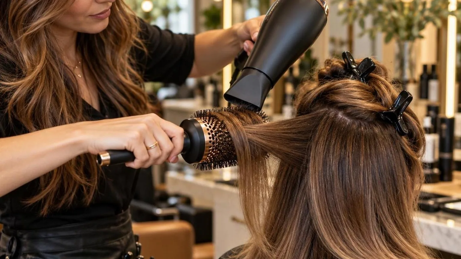 A stylist working through a sectioned blow dry, close-up, in natural daylight