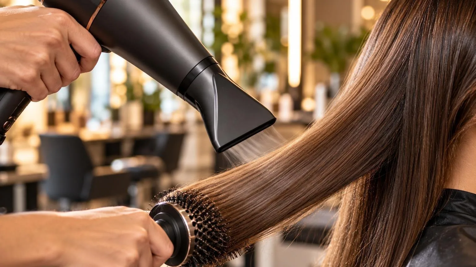 A nozzle held at the correct angle to the hair shaft, macro, during a real blow dry