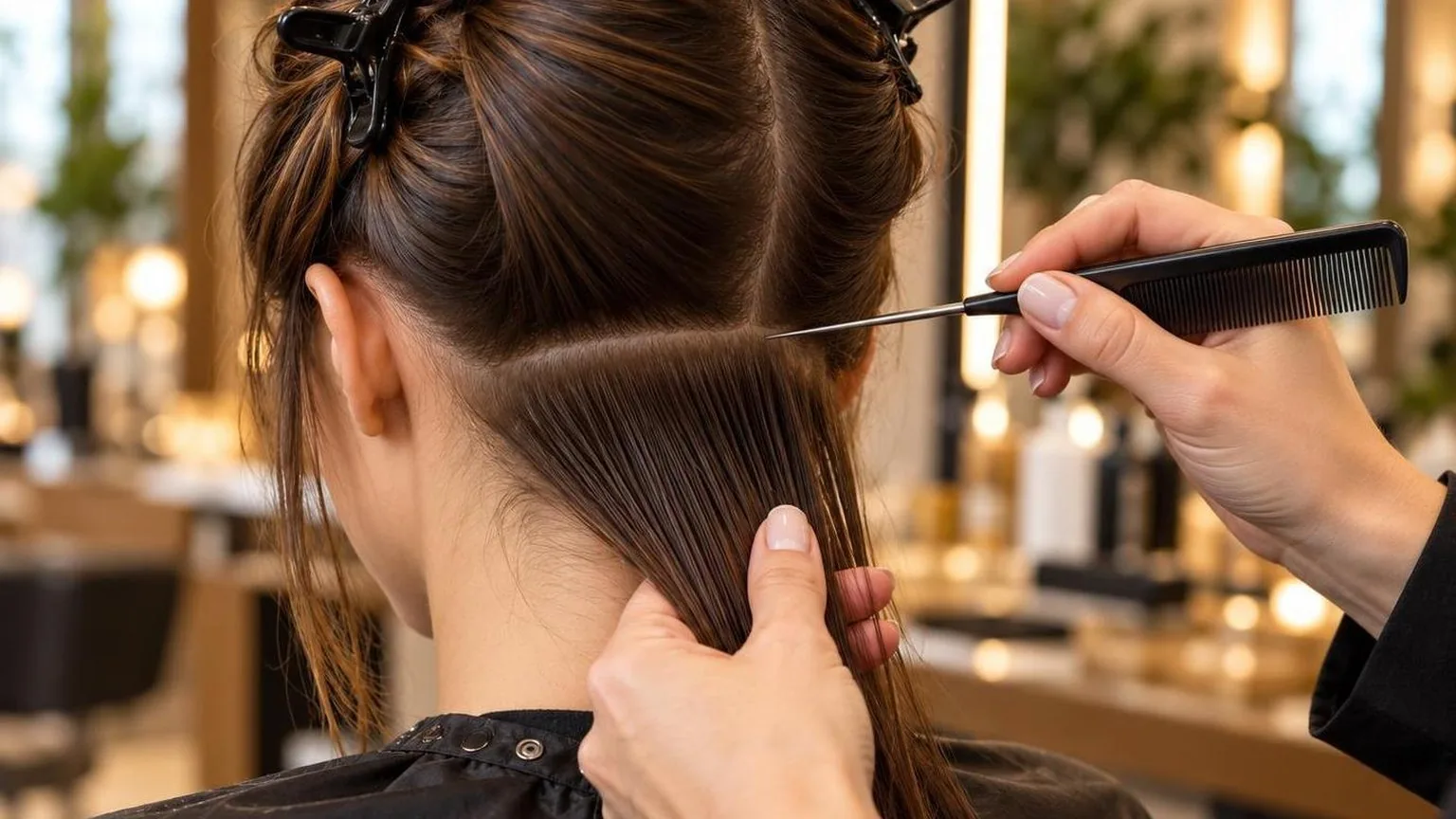 Step-by-step sectioning at the nape, close-up, in everyday salon practice