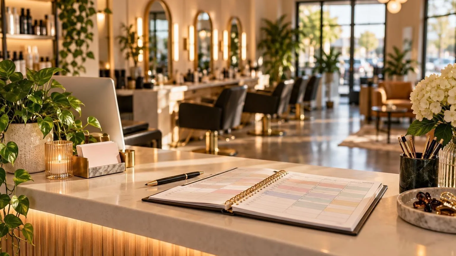 A salon reception desk with the day's appointment book open, as it happens at the chair
