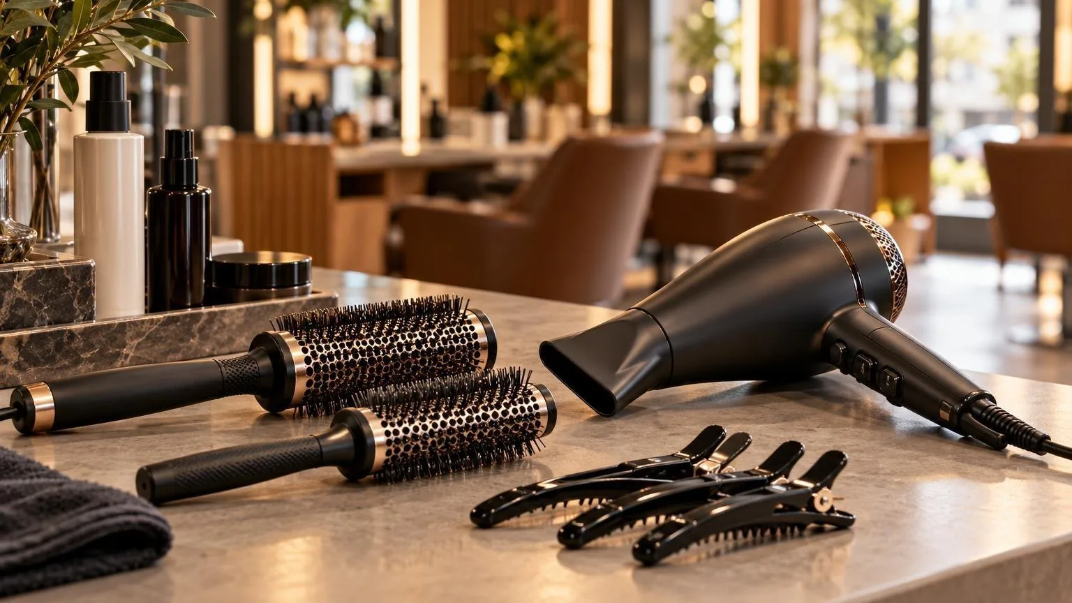 Brushes, clips and a professional dryer laid out on a clean counter, shown close up