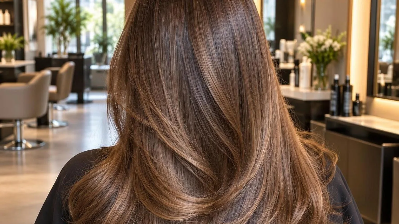 The finished blow dry from behind, movement in the lengths, in natural daylight