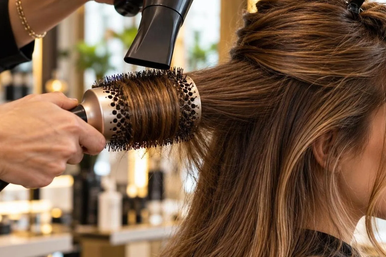 Hands checking tension on a round brush mid-section, close-up, in a working salon
