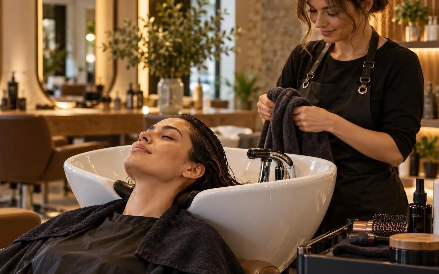 A client at the basin before the blow dry begins, warm light, in everyday salon practice