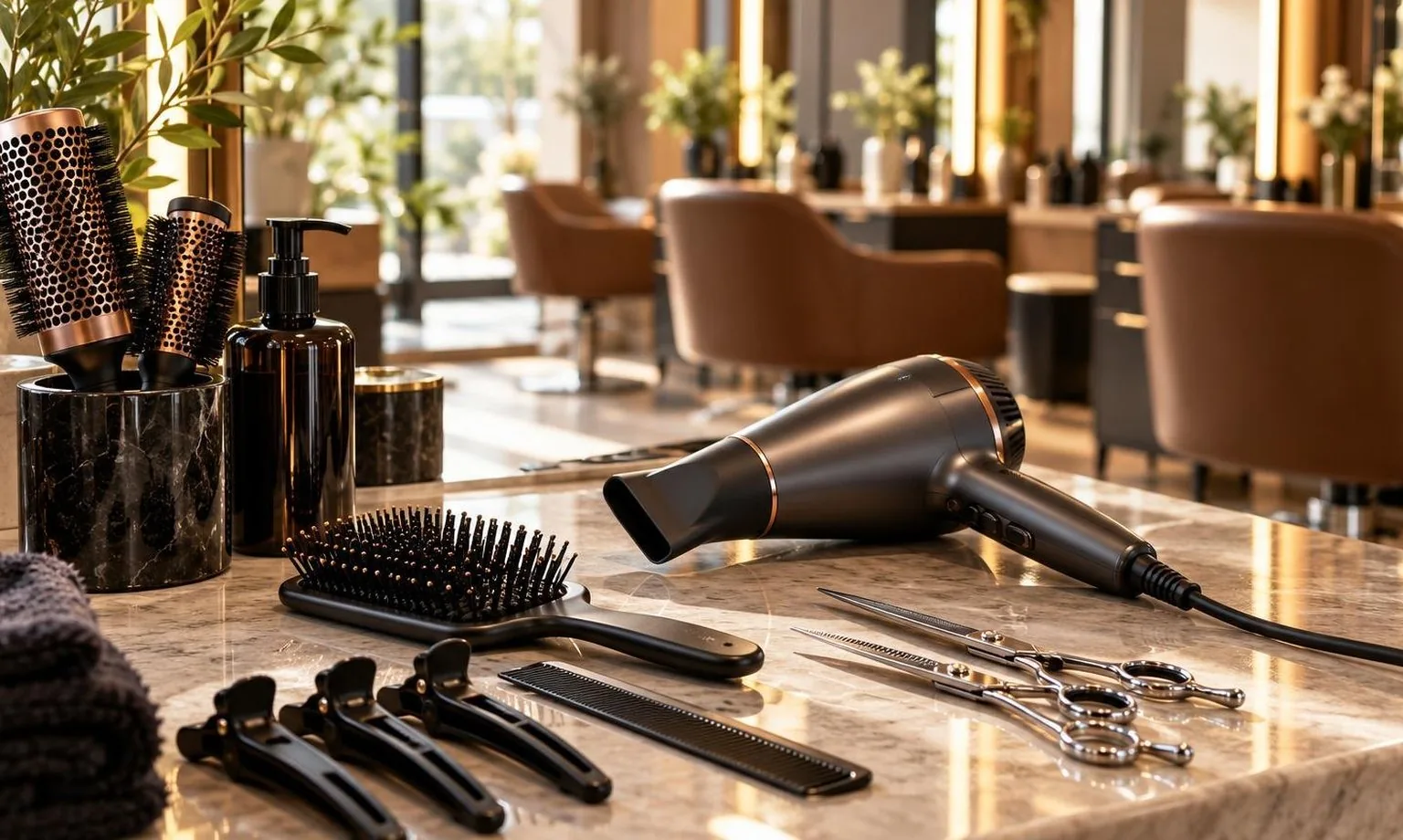 Brushes, clips and a professional dryer laid out on a clean counter, as it happens at the chair