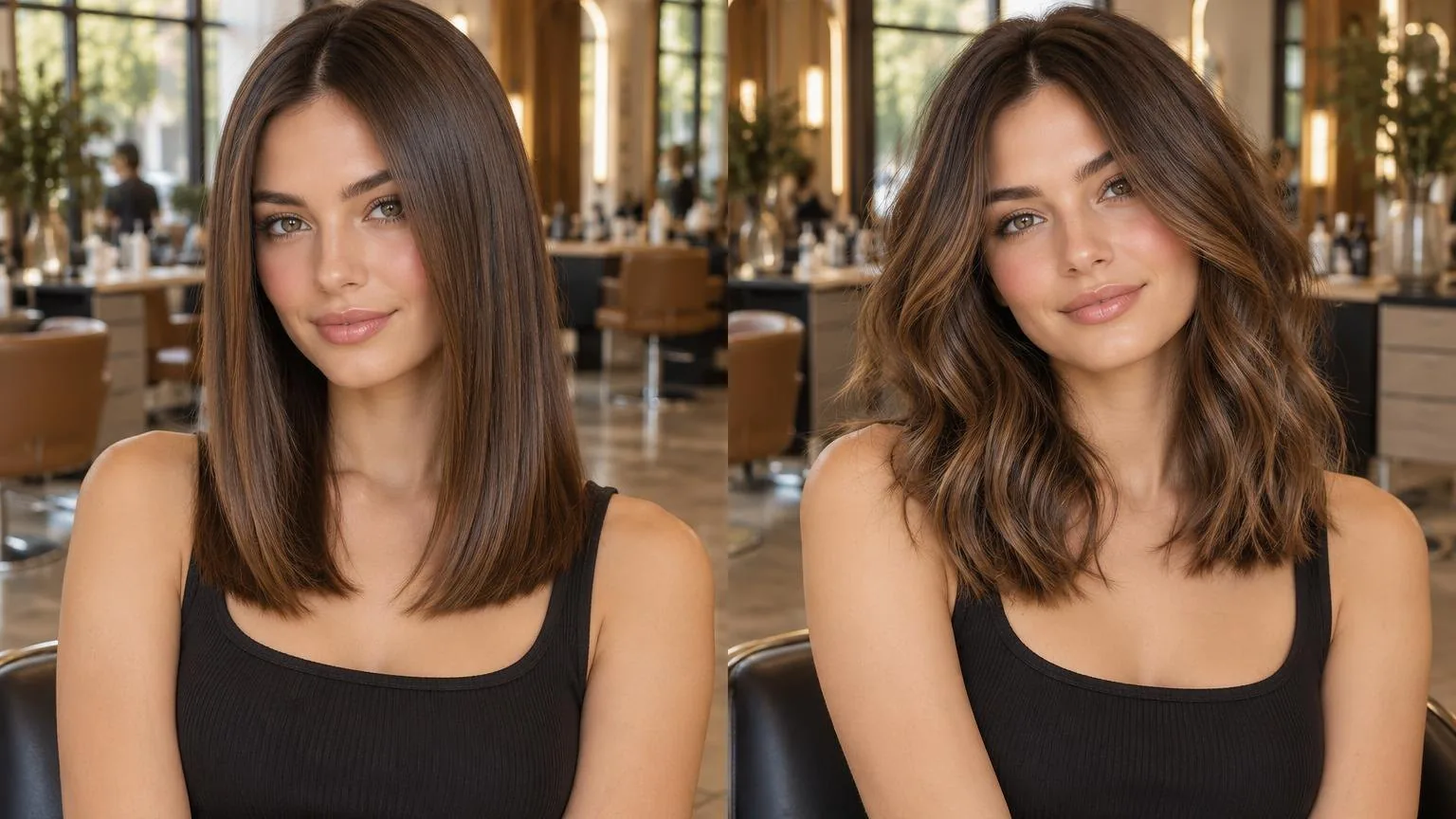 Side-by-side of two finishes on the same hair type, during a real blow dry