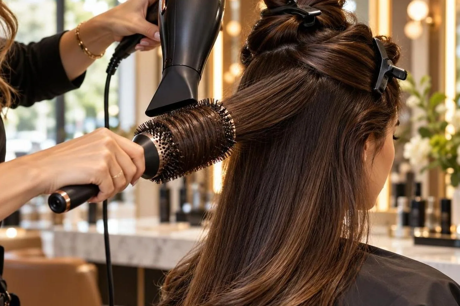 A stylist working through a sectioned blow dry, close-up, in everyday salon practice