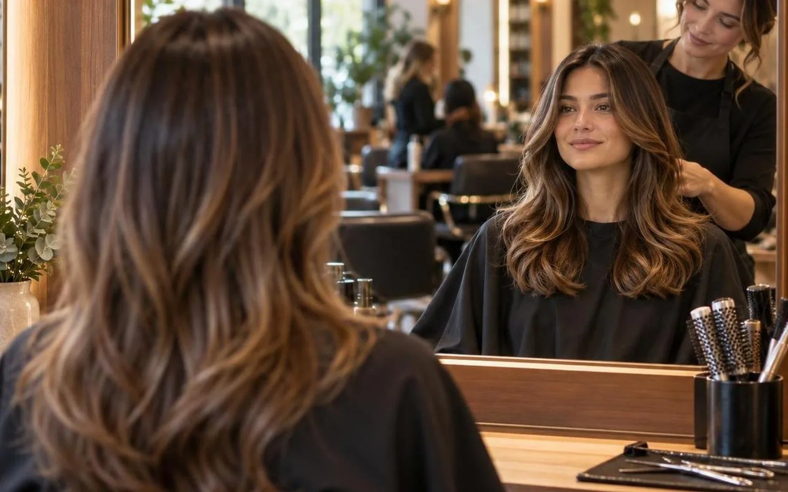 A mirror reflection of the finished style, natural light, in a working salon