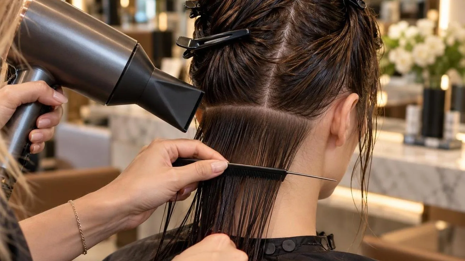 Step-by-step sectioning at the nape, close-up, in everyday salon practice