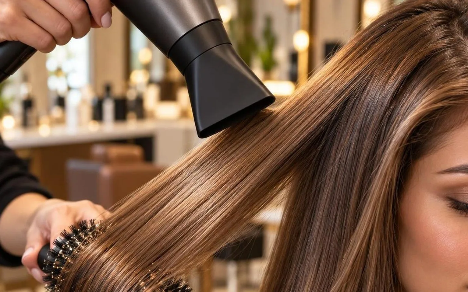 A nozzle held at the correct angle to the hair shaft, macro, in a working salon