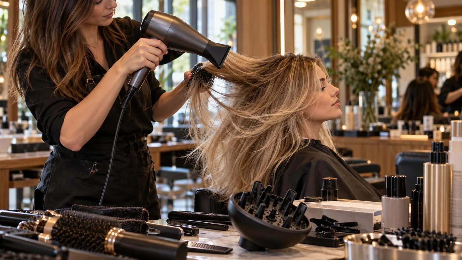 The workstation mid-service, tools in use and hair in motion, during a real blow dry