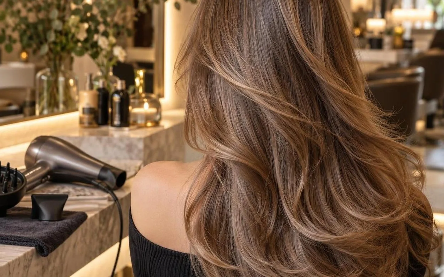 The finished blow dry from behind, movement in the lengths, in everyday salon practice