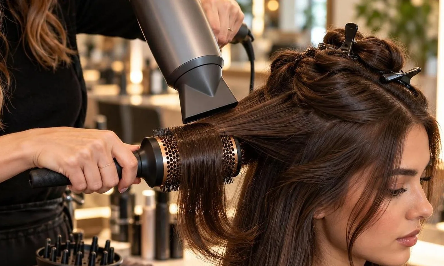 A stylist working through a sectioned blow dry, close-up, shown close up