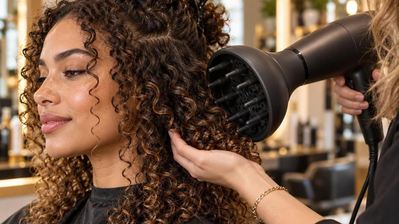 A stylist working through a sectioned blow dry, close-up, shown close up