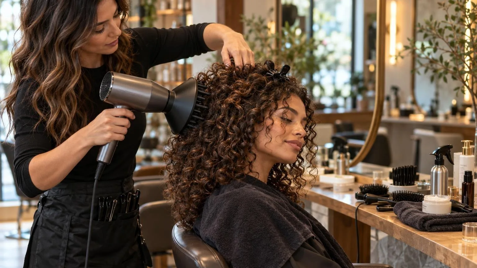 The workstation mid-service, tools in use and hair in motion, in everyday salon practice