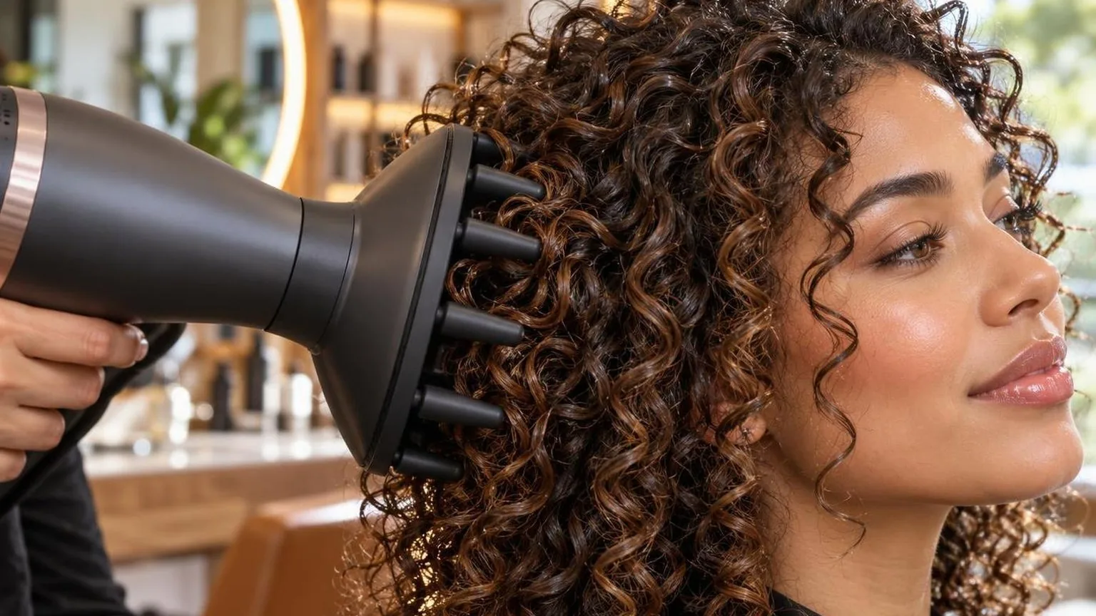 A nozzle held at the correct angle to the hair shaft, macro, during a real blow dry